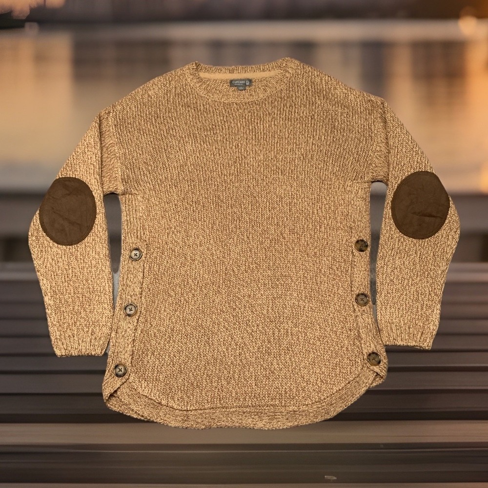 Francescas Cupcake Sweater Brown Elbow Pads Lightweight Chunky Knit Womens S NEW